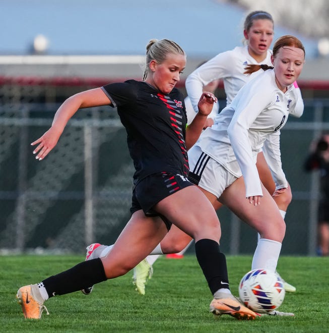 Muskego's Anna Sikorski, left, sends the ball downfield during the match at home against Waunakee, Friday, April 19, 2024.