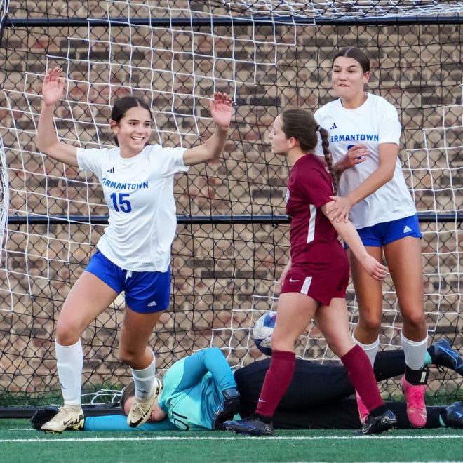 Germantown's Maya Staples (15) reacts after scoring in the match at Menomonee Falls, Tuesday, April 23, 2024. Germantown won 4-2.